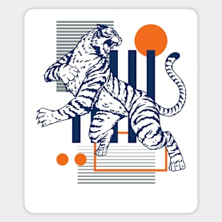 Retro 80s Orange & Blue Tiger on the Attack // Vintage Geometric Shapes Background Magnet